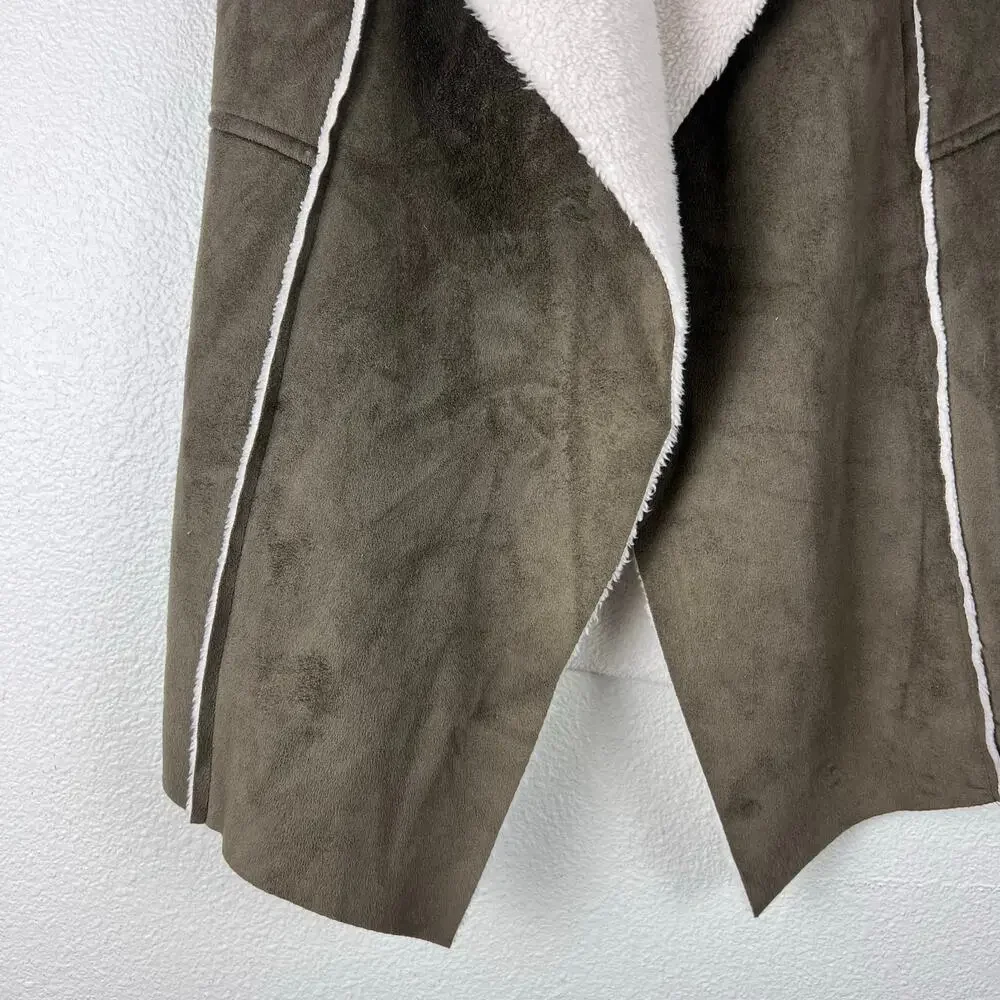 Susina Sherpa Lined Faux Suede Drape Vest Women’s Small Olive Brown‎